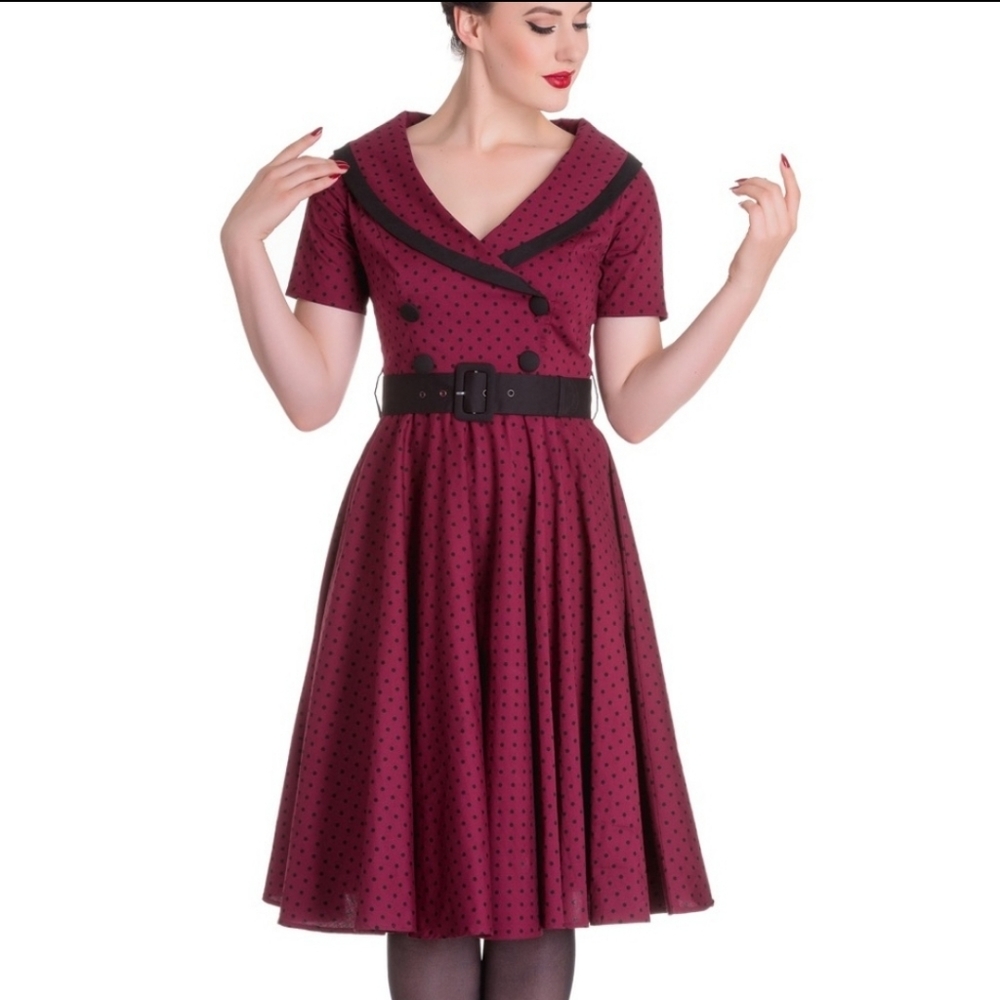 Hell Bunny 3x Martie Dress Burgundy Polka Dot NWT